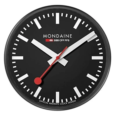 Bild av Mondaine väggklocka 25 cm järnvägsstationsklocka av aluminium med röd sekundvisare dammbeständig flera varianter tillverkad i Schweiz, svart, 25cm, Minimalistisk