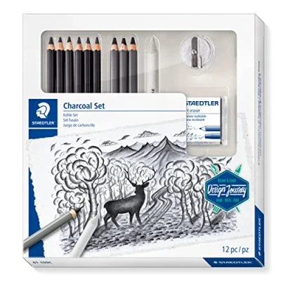 Bild av Staedtler Kohle Set, Komplett Set mit 3 Premium Kohlestiften, 5 Künstlerbleistiften, 1 Papierwischer, knetbarer Künstler Radierer, Spitzer und Step by Anleitungen, 61 100C