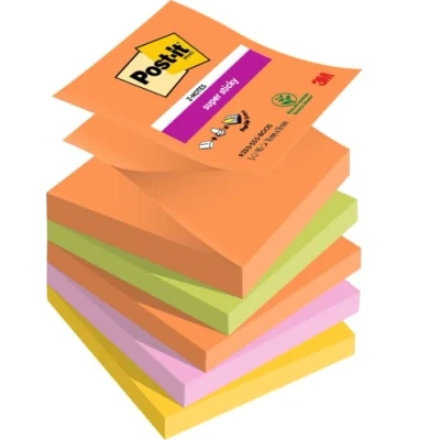 Bild av Post it Super Sticky Z Notes Boost färgsamling, paket med 5 dynor, 90 ark per dyna, 76 mm x mm, orange, grön, rosa, gul extra klisterlappar för anteckningar, att göra listor och påminnelser