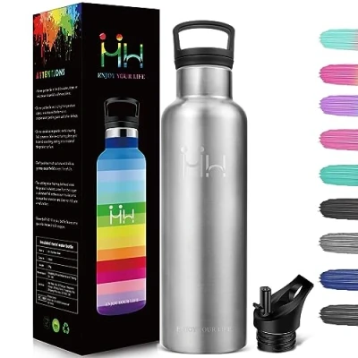 Bild av HoneyHolly Termosflaska, 500 ml BPA fri, vattenflaska i rostfritt stål, läckagesäker vakuumflaska, dubbelväggig, med sugrör, lämplig för kolsyra