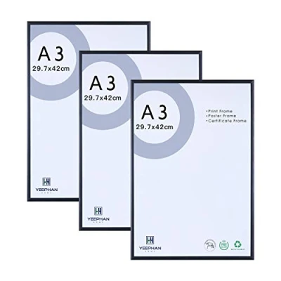 Bild av YEEPHAN A3 bildramar, certifikatram, affischram 29,7 x 42 cm svarta metallfotoramar i aluminium med perspexframsida för väggmontering, svart uppsättning 3
