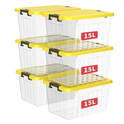 Bild av Cetomo 15 L x 3 förvaringslådor med lock, plastförvaringskorgar spärrspännen, klickstängning, stapelbar, kapsling, organiserare för hemmakontorskläder, klar och gul, pack