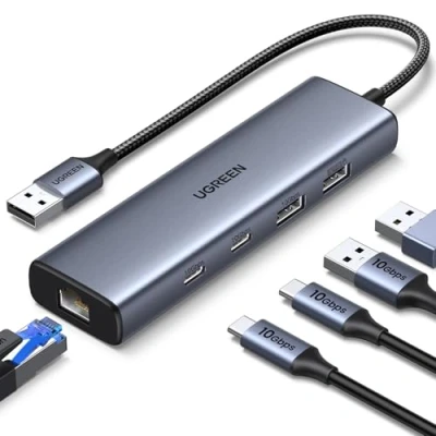 Bild av UGREEN USB Hub LAN adapter Ethernet med 2xUSB C port och A portar, till RJ45 Gigabit nätverksadapter kompatibel iPhone/iPad, bärbar dator under Windows, MacOS, Linux etc.