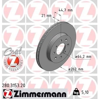 Bild av ZIMMERMANN COAT Z 280.3153.20 Disque de frein 262 21 8/4 4 100 ventilé l&#039;intérieur revêtu HONDA: CIVIC 7 Hatchback, 6 Jazz 3