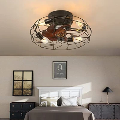 Bild av takfläkt med ljus Retro Tyst LED Dimbar industriell belysning 6 hastigheter Vändbar burfläktlampa för sovrum Vardagsrum Kök