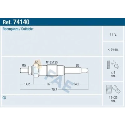 Bild av FAE 74140 Bougie de préchauffage 11V M 12x1,25 PEUGEOT: Partner I Combispace, Van, 306 3/5 portes, CITROËN: Berlingo / First