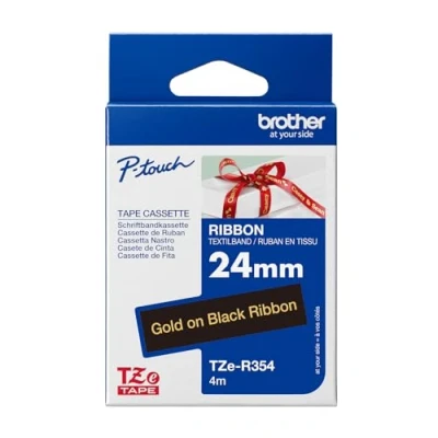Bild av Original Brother textiles märkband TZe R354 guld på svart 24 mm brett, 4 m långt (inklusive för P touch H200, H100LB/R, H105, E100/VP, D200/BW/VP, D210/VP, Cube, Cube Plus)