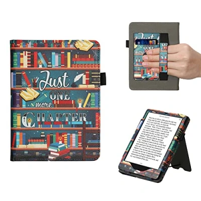 Bild av kwmobile fodral kompatibelt med Amazon Kindle Paperwhite (11. Gen 2021) PU läderfodral magnetstängning, stativ, rem, kortplats bibliotek motto flerfärgad