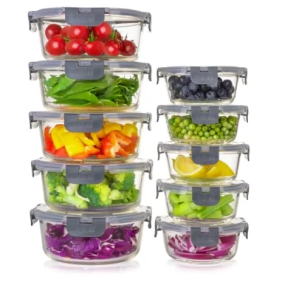 Bild av Igluu Matförvaringsbehållare i glas 10 pack, runda matlådor för måltider med snäpplås läckagesäkra lock, återanvändbara mikrovågssäkra BPA fria lunchlådor (10 behållare och lock) 950 ml &amp; 400