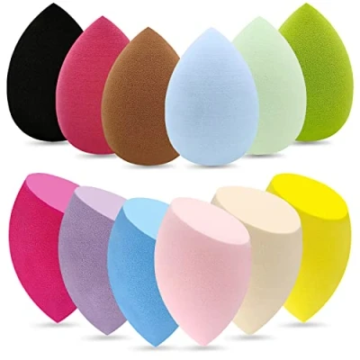 Bild av 12 delar professionellt set med sminksvampar, latexfri, felfri, mjuk infattning, ansiktspuffar, flerfärgad skönhetssvampmixer, kosmetisk applikator för pulver, vätska, ansiktsmakeup verktyg