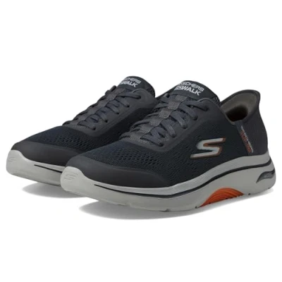 Bild av Skechers Herr handsfree Slip ins GO Walk Arch FIT 2.0 Simplicity 2 sneakers, kol och orange textil/syntetisk, 9 UK, Träkol textil syntetisk, 43 EU
