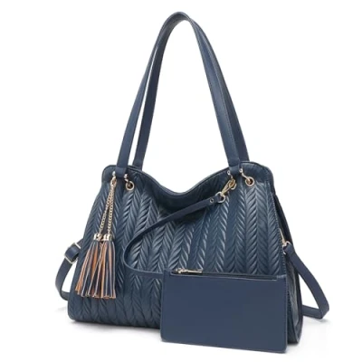 Bild av Miss Lulu kvinnors mode hobo axelväska, stor kapacitet topphandtag väskor med flera fickor, konstläder handväska elegant tofsar och vävt mönster.