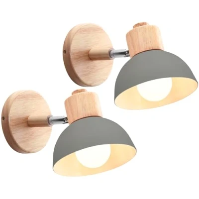 Bild av iDEGU 2 stycken vägglampor modern inomhus vägglampa av trä metall halvcirkel lampskärm E27 justerbar väggspot vintage lampa för sovrum vardagsrum (2 lampor, grå)