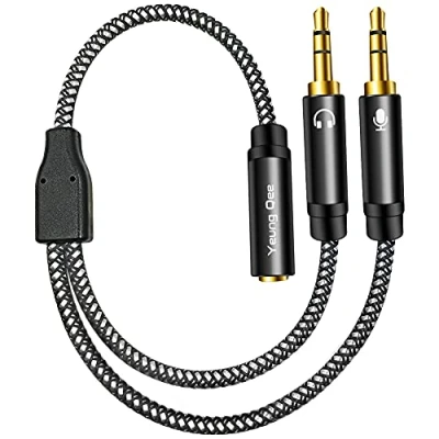 Bild av Yeung Qee Hörlurar mikrofon splitter CTIA standard 3,5 mm hona till 2 dubbla uttag hane ljud Y adapterkabel kompatibel med PC, laptop skrivbord, spelheadset, högtalare (svart, 1 m)