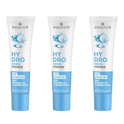 Bild av essence HYDRO HERO PRIMER, vit, fuktgivande, långvarig, slätande, naturlig, vegansk, oljefri, utan alkohol, parabener, 3 pack (3 x 30 ml)