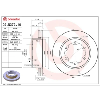 Bild av BREMBO Bromsskiva FORD: Transit Mk7 Skåpbil, Flak / Chassi 338mm 33mm 6 ventilerad invändigt 09.N372.10 Bromsskivor