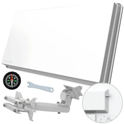 Bild av STRONG SlimSat SA61 kompakt satellitantenn integrerad single LNB med fönsterhållare montering på vägg, balkong eller stång perfekt för camping och resor vit