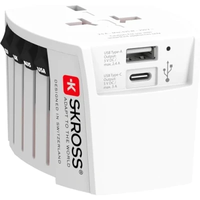 Bild av SKROSS 1.302962 MUV USB (AC) Universeller 2 Pin Reiseadapter mit USB. Spannung und Leistung: 100V 250W / 250V 625W 1 x C: 3.0A, A: 2.4A. Anti Stromschlagschutz