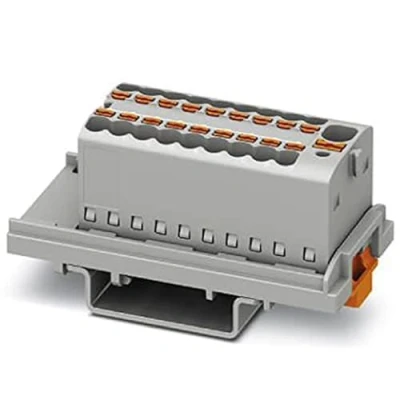 Bild av PHOENIX CONTACT PTFIX 4/18X1.5 NS35 GY distributionsblock, block med vertikal riktning och integrerad matning, 500 V nominell spänning, 17,5 A ström, push in kontakt, 19 antal anslutningar