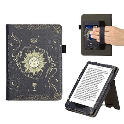 Bild av kwmobile fodral kompatibelt med Amazon Kindle Paperwhite (11 Gen 2021) PU läderfodral magnetstängning, stativ, rem, kortplats tarotkort mörkblå/gul/svart