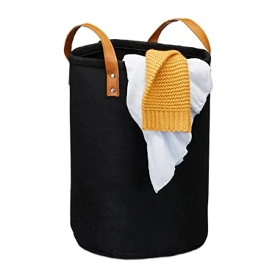 Bild av Relaxdays filt tvättkorg, PU läderhandtag, 28 L förvaringskorg, badrum, HxD 45 x 30 cm, svart, 1 pack