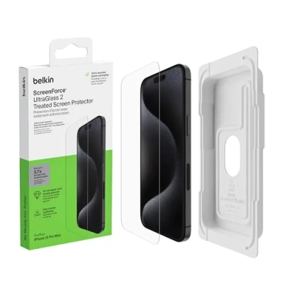 Bild av Belkin ScreenForce UltraGlass 2 ytbehandlat skärmskydd för iPhone 15 Pro Max, reptåligt, tunt glas testat hårdhetsgrad 9H, monteringsform applicering utan luftbubblor medföljer
