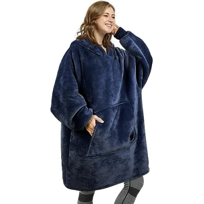 Bild av Kato Tirrinia Överdimensionerad varm huvtröja/sweatshirtfilt av mjuk flanell, bekväm filttröja för kvinnor, mysig present, filt vuxna, män, kvinnor och tonåringar, mörkblå