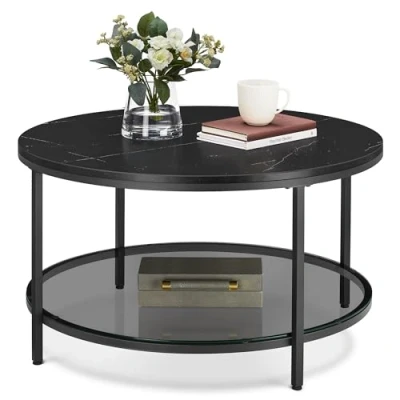 Bild av VASAGLE soffbord, vardagsrumsbord, för vardagsrum, med glasplatta, gott om förvaringsutrymme, enkel konstruktion, modern stil, marmorsvart bläck svart LCT071B58