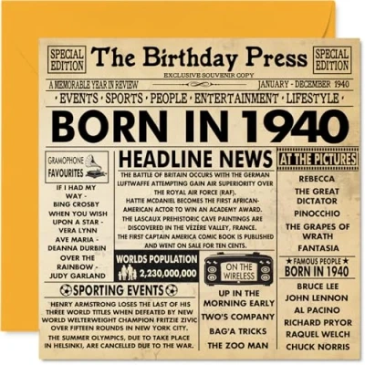 Bild av 84:e födelsedagskort för män kvinnor född i 1940 tidning grattis 84 farfar mormor vintage retro tillbaka 1940, 145 mm x åttiofyra åttonde födelsedagen
