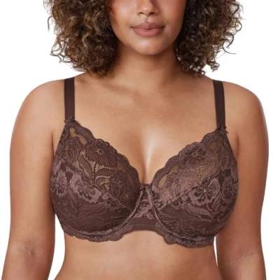 Bild av Delimira Dam full täckning icke skum blommig spets plus size bygel bh, Mullvadsbrunt, 90C