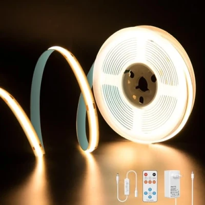 Bild av PAUTIX COB LED remsa Varmvit 2700K, 5M 2400LEDs 24V CRI93+ Dimbar Bright Light Strip Kit med 13Keys RF Dimmer och strömförsörjning lampor för sovrumskök Hem DIY projekt