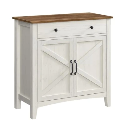 Bild av VASAGLE köksskåp, sideboard med lådor, förvaringsskåp dörrar, justerbart hyllplan, lantlig stil, för vardagsrum kök matsal, vintage vit honungsbrun BBK341W01