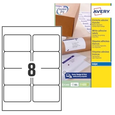 Bild av AVERY Zweckform Snabbtorkande adressetiketter för bläckstråleskrivare 8 per ark 99,1 x 67,7 mm 200 etiketter vit