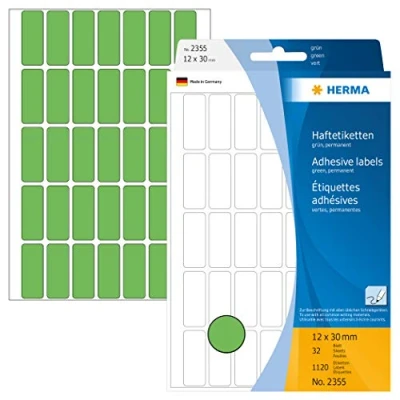 Bild av HERMA 2355 multifunktionsetiketter mini (12 x 30 mm, 32 ark, papper, matt) självhäftande, permanenta hushållsetiketter för handskriven märkning, 1 120 klistermärken, grön