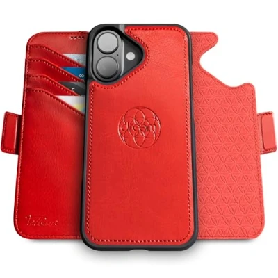 Bild av Dreem Fibonacci iPhone 16 plånboksfodral / 2 i 1 stötsäkert fodral och avtagbart foliofodral veganläder, Kompatibel med MagSafe, RFID skydd [Röd]