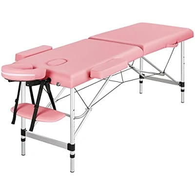 Bild av Yaheetech Mobil aluminiummassagesäng justerbar höjd 2 zoner massagesäng med nackstöd och armstöd väska, ljusrosa