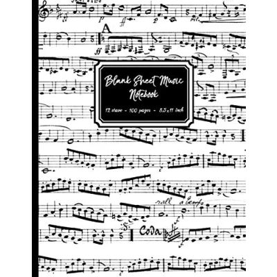 Bild av Blank Sheet music Notebook: Black and White Musical Notes cover, 12 stave staff paper, 100 pages, A4 8.5x11 inch Manuscript Paper Musicians Notebook for composing &amp; writing notation