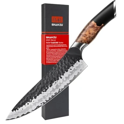 Bild av SHAN ZU Japansk Handsmidd Kniv, Kökskniv 20 cm, 7 lagers Vass Kockkniv Gjord av Högkvalitativt Kolstål, Professionell Gyuto Kniv för Grönsaker och Kött med Handtag Lönnträ