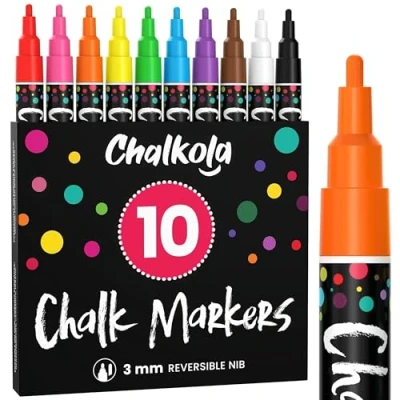 Bild av Fin spets kritpennor paket med 10 färgmarkörer använd på svarta tavlan, whiteboard, fönster, svart tavla 3 mm vändbar
