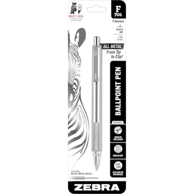 Bild av Zebra Pen F 701 infällbar kulspetspenna, rostfritt stål tunna, fin spets, 0,8 mm, svart bläck, 1 pack