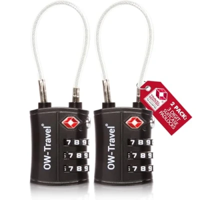 Bild av OW Travel TSA Godkänd Kabellås (Svart 2 pack) 3 siffrig kod Lås Säkerhet Ryggsäck Hänglås Resväska, lås, Kombinationslås med Kabel resväska Gymskåp,