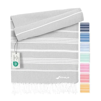 Bild av hamam handduk fouta strandhandduk XXL av 100% återvunnen bomull snabbtorkande strandlakan, fouta, turkisk peshtemal perfekt som bastuhandduk och sarong Ljusgrå 100x200cm Sultan