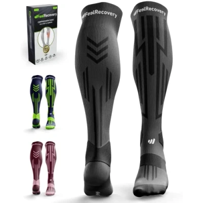 Bild av Sport Compression Strumporför Män &amp; Kvinnor Höga Strumpor Vaderna Vid LöPning, Crossfit, Fotboll Sportstrumpor Idrott Och Återhämtning Långa Som Andas Merinoull (svart/grå, M)
