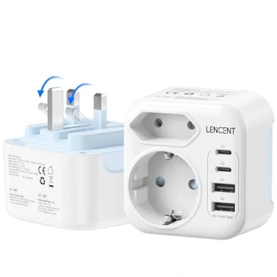 Bild av LENCENT Reseadapter UK tysk kontakt, adapter typ G, vikbar resekontakt med 2 USB C &amp; A portar, EU Schuko till Storbritannien för England, Storbritannien, Skottland, Irland, Maldiverna Stckdosor