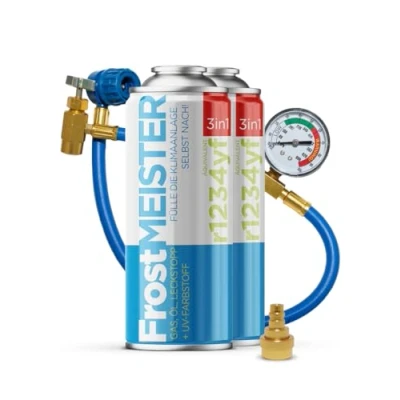 Bild av FrostMEISTER 3 i 1 luftkonditionerings påfyllningsset för bil (2 x 400 ml burk slang med manometer och adapter) reservkylmedel, kompressorolja tätningsmedel R1234yf (från tillverkningsår