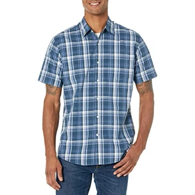 Bild av Amazon Essentials Men&#039;s Kortärmad poplinskjorta med normal passform, Marinblå Medium rutig, XXL