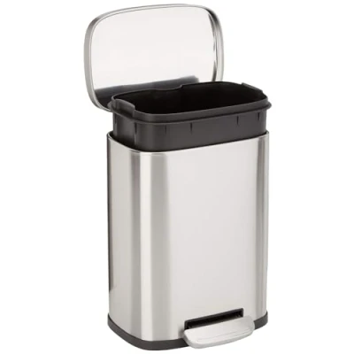 Bild av Amazon basics 5 l soptunna för köket med rörpedal av stål försiktigt stängande lock, kök, badrum eller kontor, rektangulär, satin nickel, 1,3 gallon