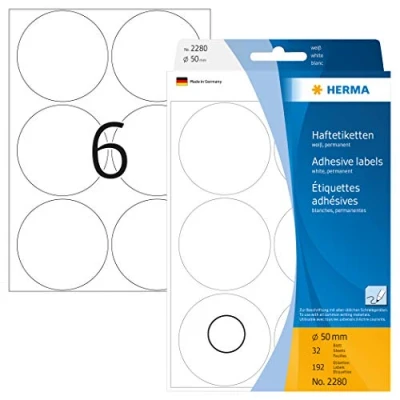 Bild av HERMA 2280 multifunktionsetiketter/runda färgade prickar (Ø 50 mm, 32 ark, papper, matt) självhäftande, permanenta märkningspunkter för handskriven märkning, 192 klistermärken, vit