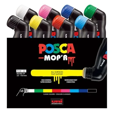 Bild av POSCA MOP&#039;R PCM 22 vattenbaserade permanenta färgmarkörer. Rund spets för konst och hantverk. Användning med flera ytor på trä metall papper kanvas kartong glastyg keramik sten gren porslin. Låda