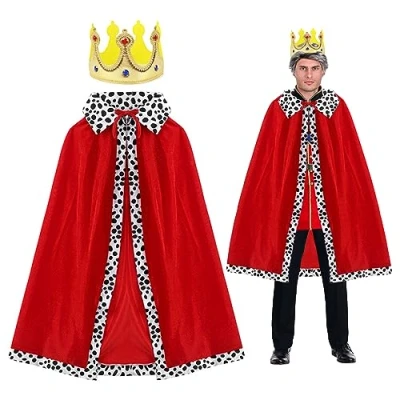 Bild av SKHAOVS 2 st vuxna kung drottning kostymset, kröningsoutfit, kungsrock, drottning, rock med krona, kungdrottning, maskeradklänning för rollspel, maskerad, temafest, halloween, karneval, 120 cm (röd)